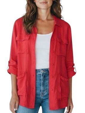 CHARTER CLUB 100% Linen Utility Jacket in Red Size Medium -- CLOSET STAPLE!!!